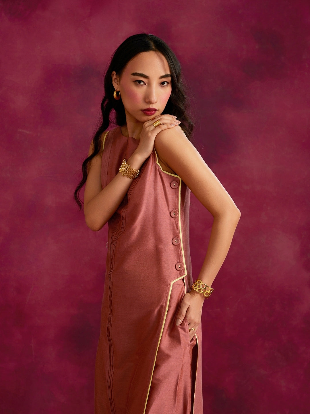 Pleated front & side-buttoned kurta- Rose brown