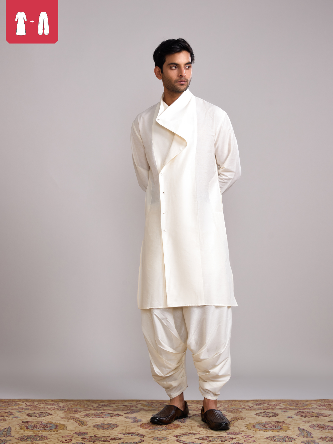 Overlap Drape neck kurta paired with side pleated pants- Ivory