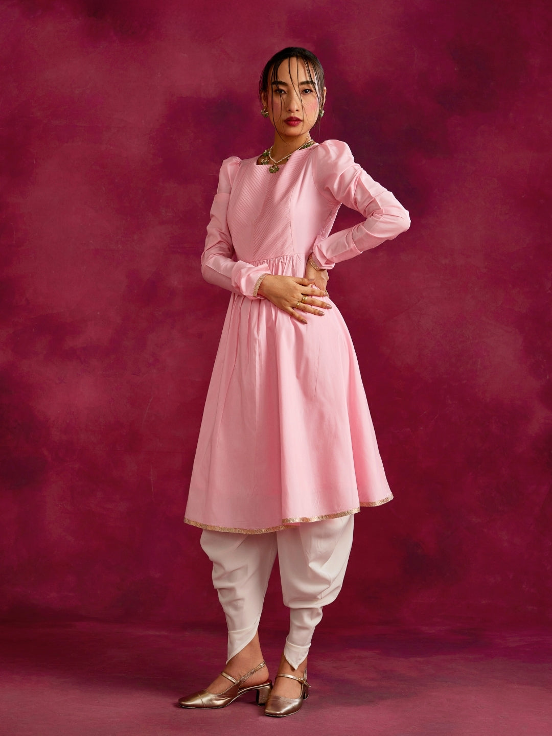 Pintucked yoke flared kurta- Sakura pink