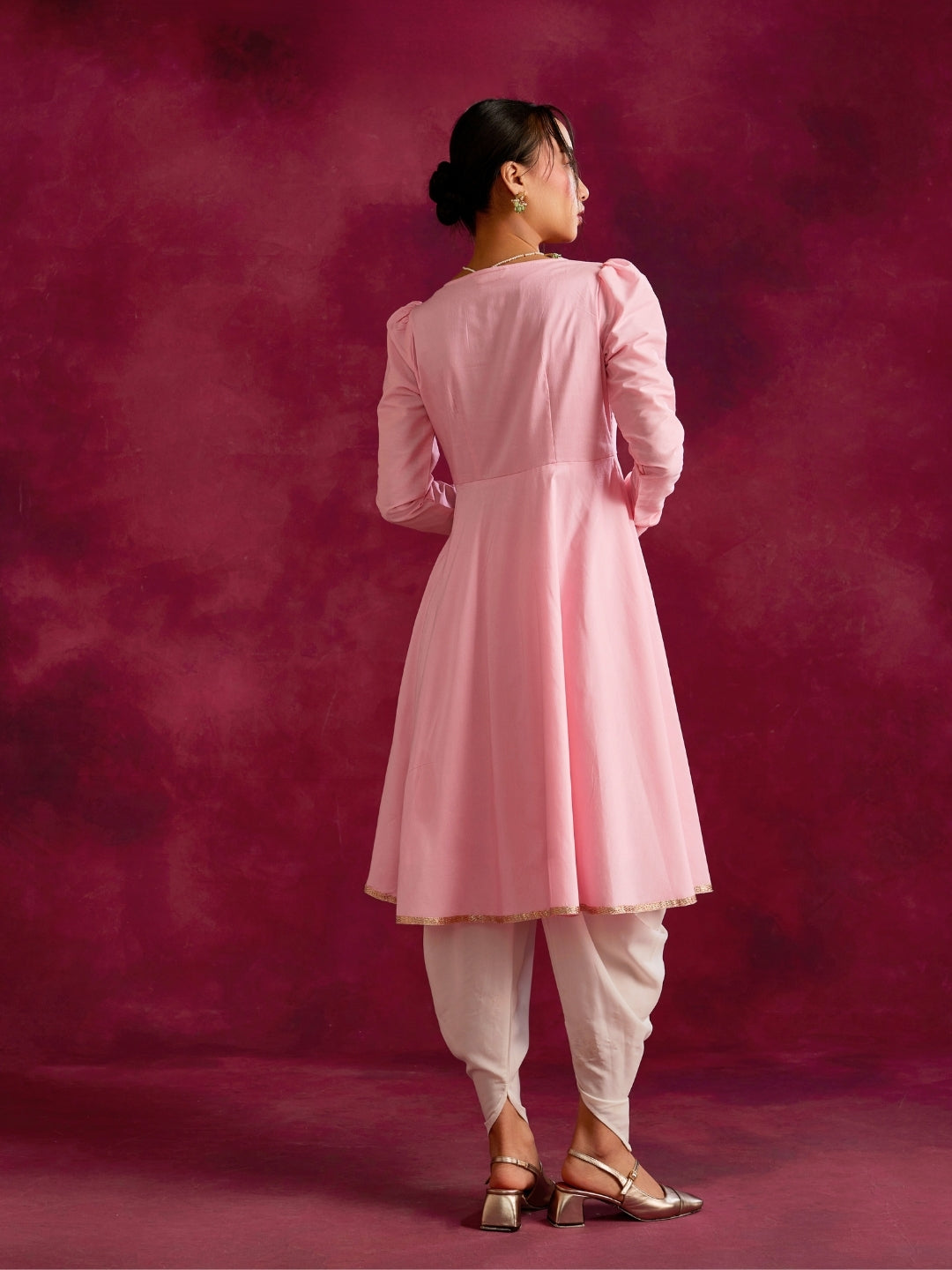 Pintucked yoke flared kurta- Sakura pink
