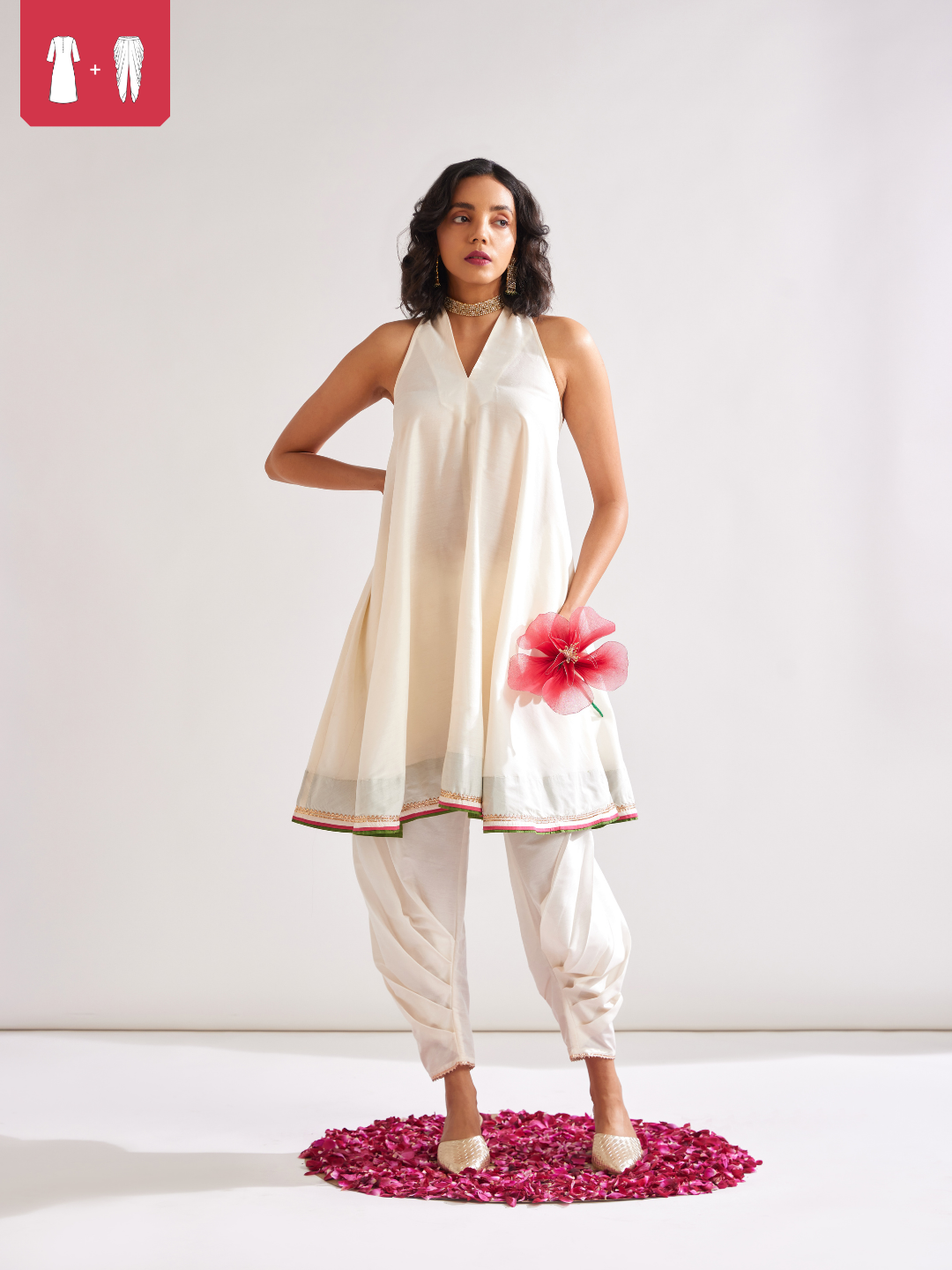 Back overlap halter neck kurta paired with side pleated pants- Ivory