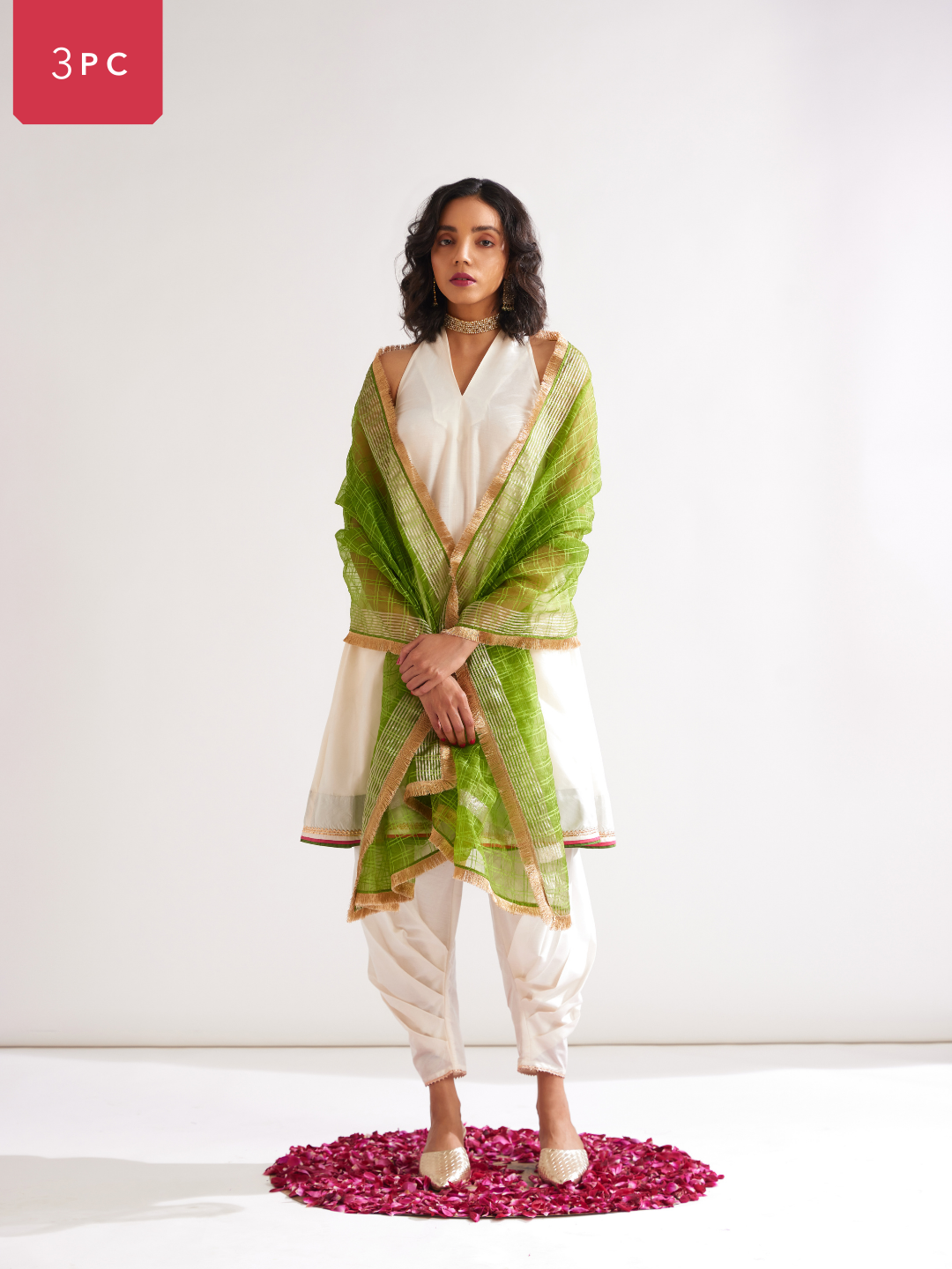 Back overlap halter neck kurta paired with side pleated pants along with dupatta- Ivory