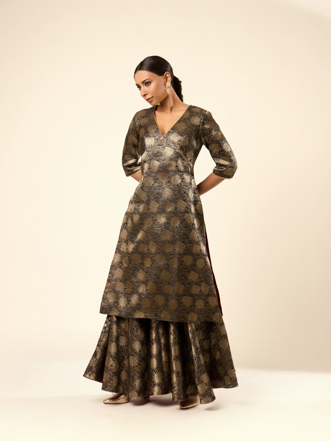 Lotus Jaal Baranasi Silk Kurta- Black