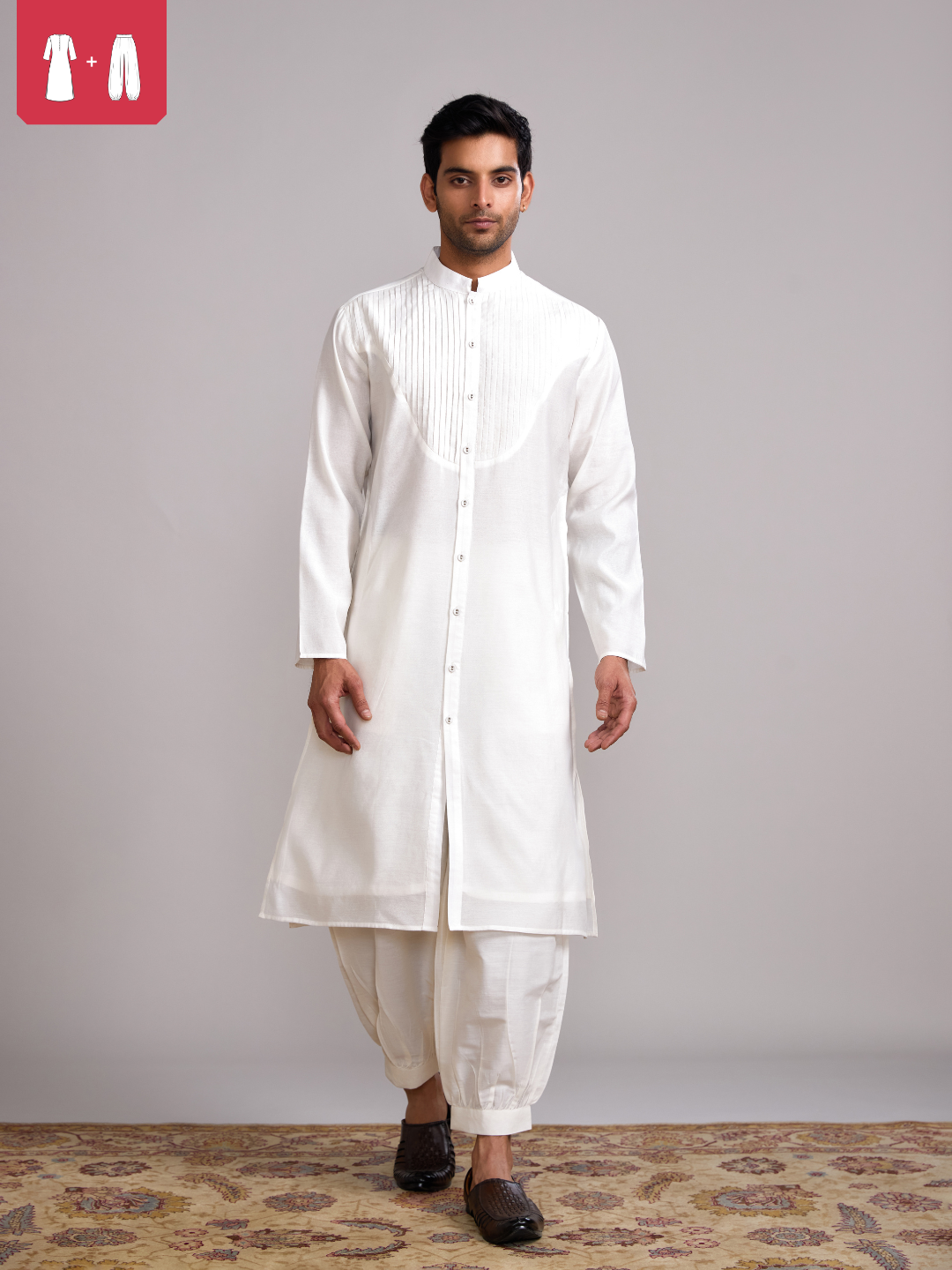 Pintuck neck yoke straight kurta paired with pathani pants- Ivory