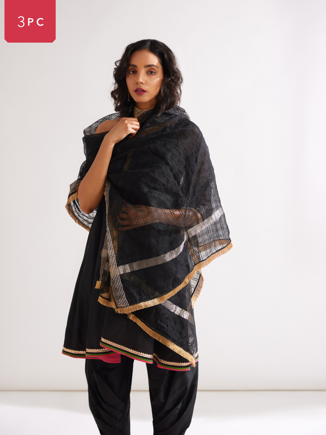 Back overlap halter neck kurta paired with side pleated pants along with dupatta- Rich Black