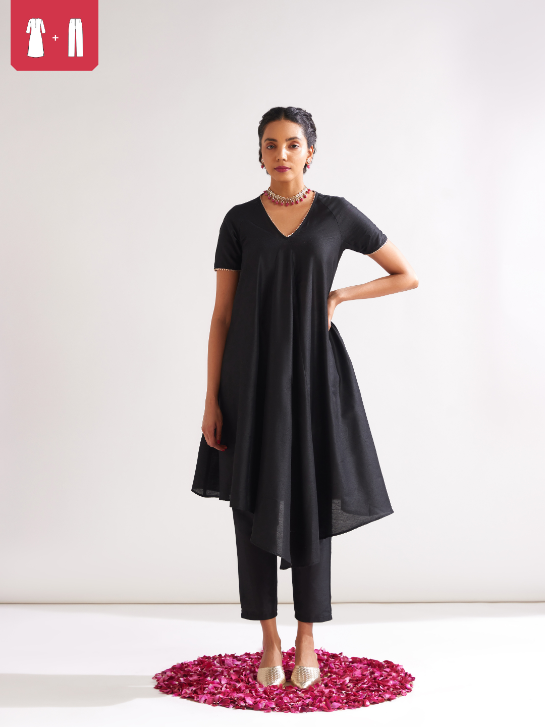 Gulmohar Petal kurta highlighted with gota patti paired with pegged pants- Rich black