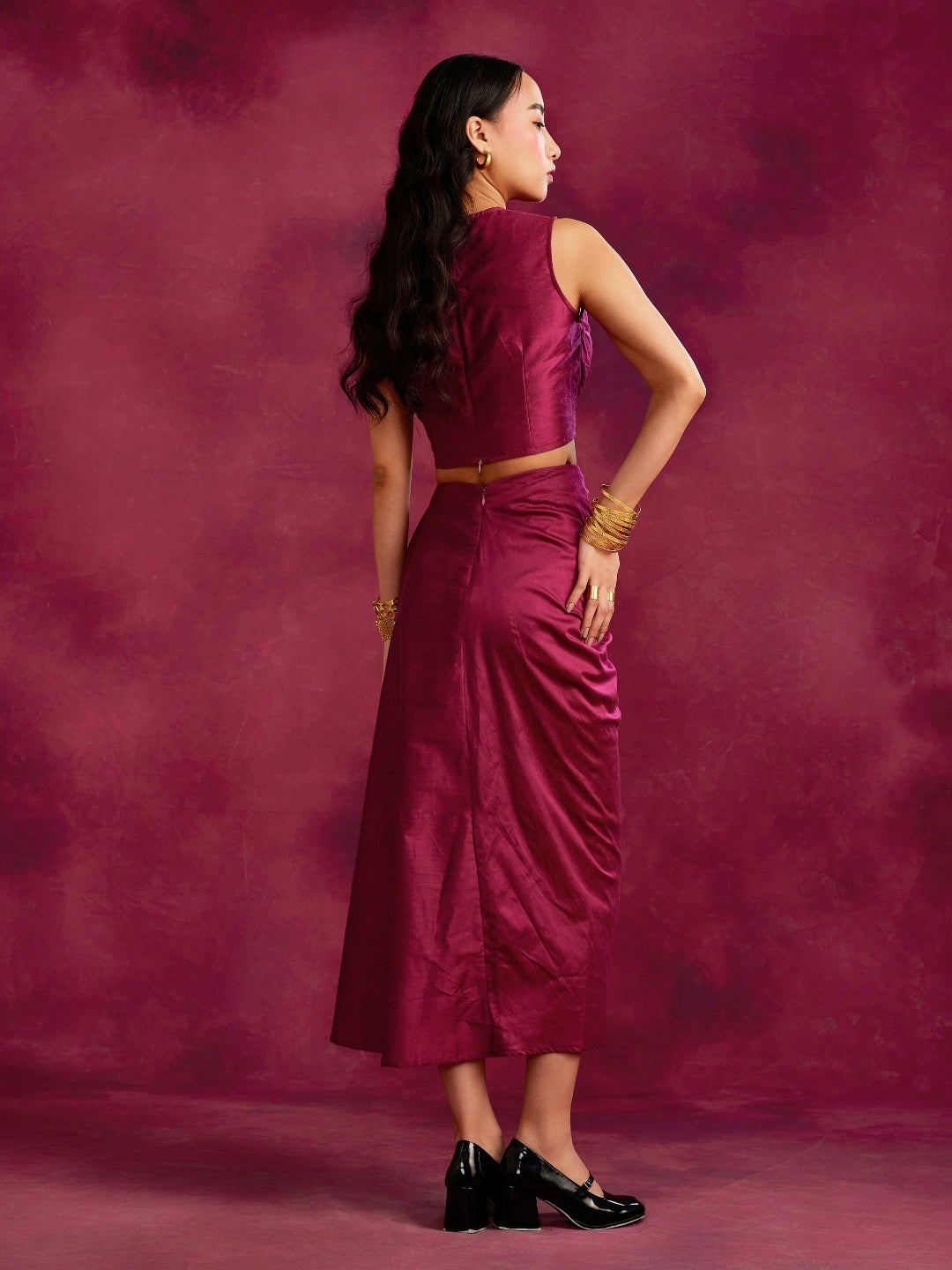 Pleated drape top & skirt co-ord set- Cabaret pink