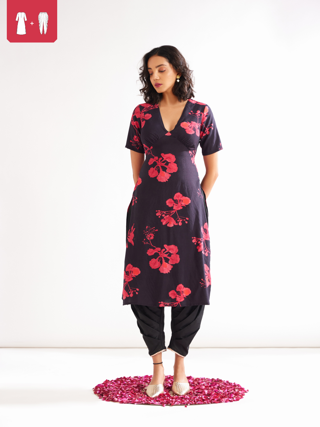 Gulmohar back tie-up kurta Paired with side pleated dhoti- Rich black