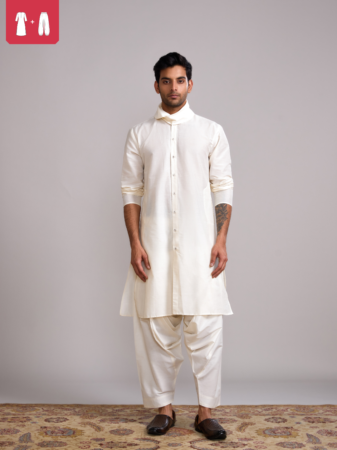 Cowl neck straight kurta paired with salwar- Ivory