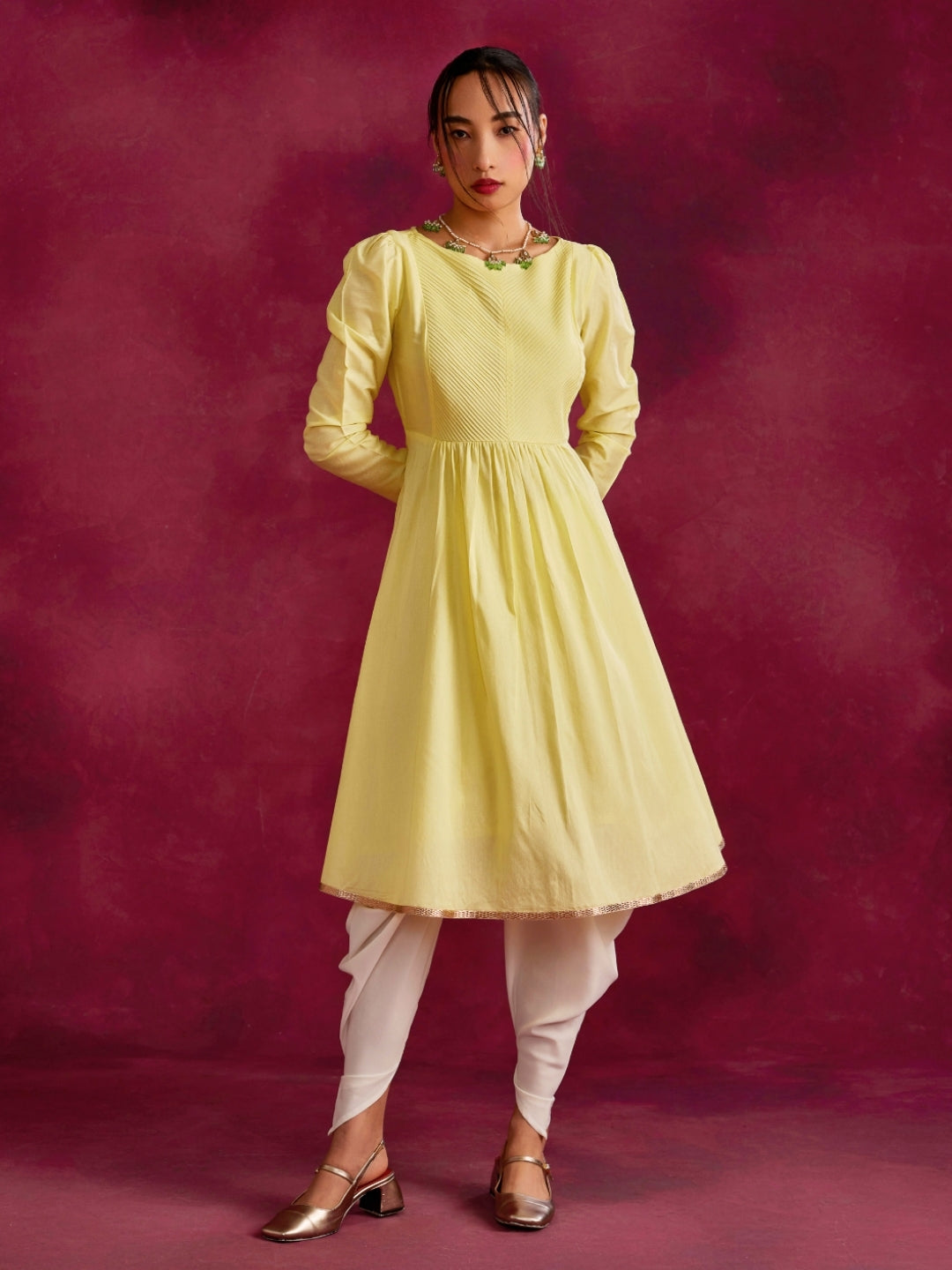 Pintucked yoke flared kurta Set- Lemon yellow