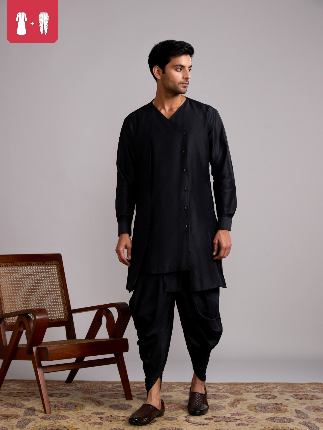 Overlap layered panel kurta paired with dhoti pants- Rich black
