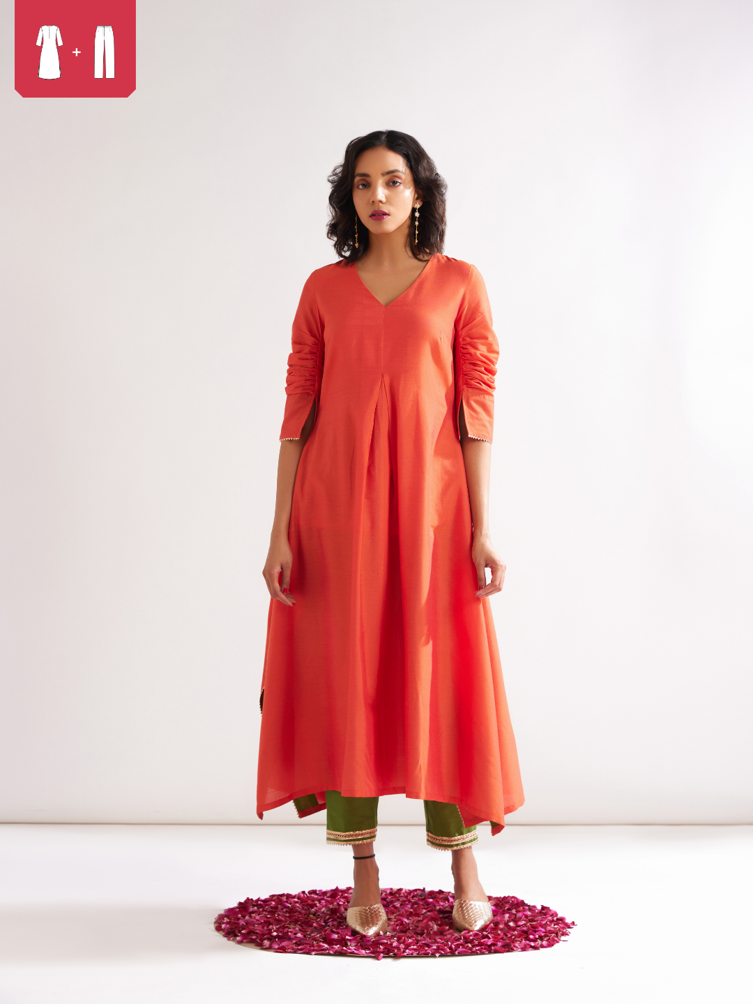 Inverted box pleat flare kurta paired with pegged pants- Spicy Orange