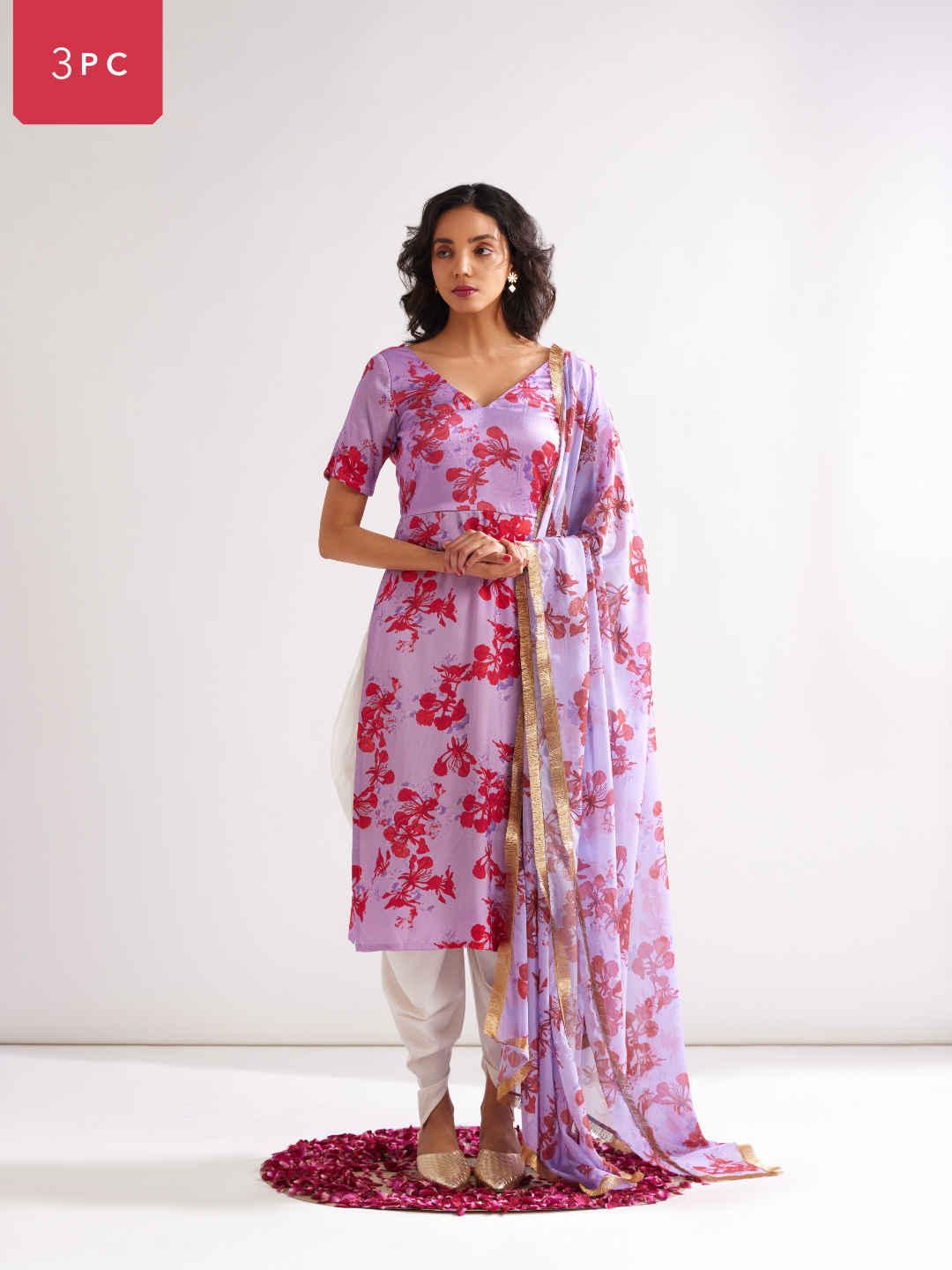Gulmohar cowl drape straight kurta paired with dhoti pants along with dupatta- Lavender