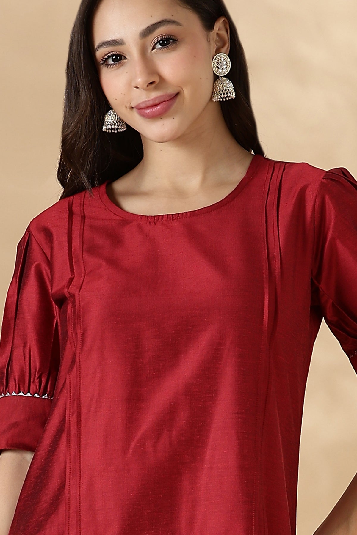 Red Solid Round Neck Kurta Pant Set With Short Puff Sleeves