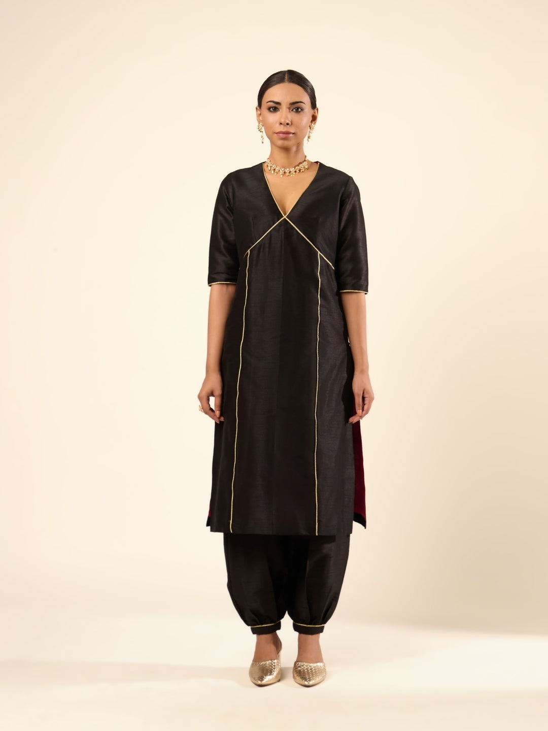 Zari Lace Art Silk Kurta- Black