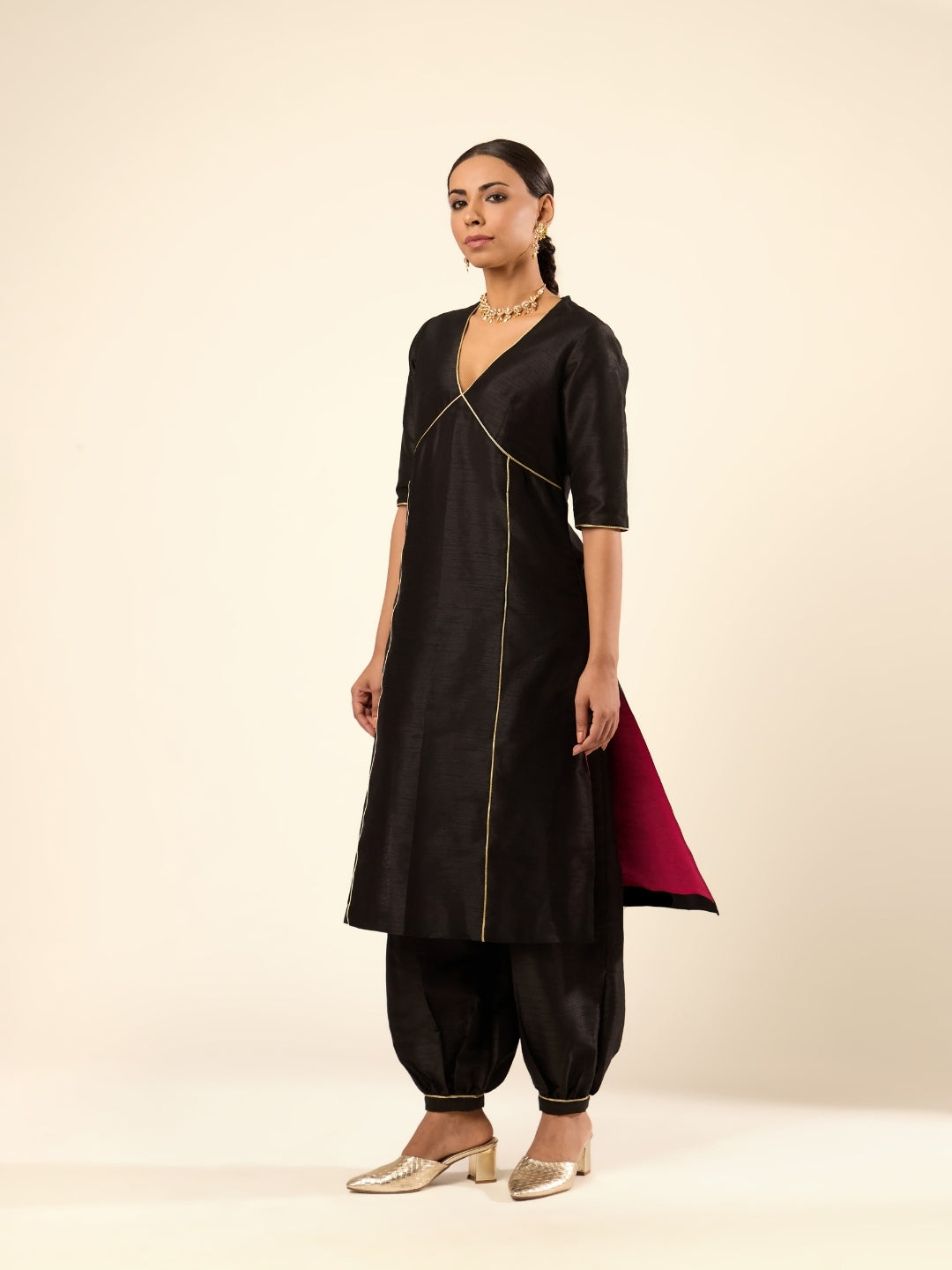 Zari Lace Art Silk Kurta- Black