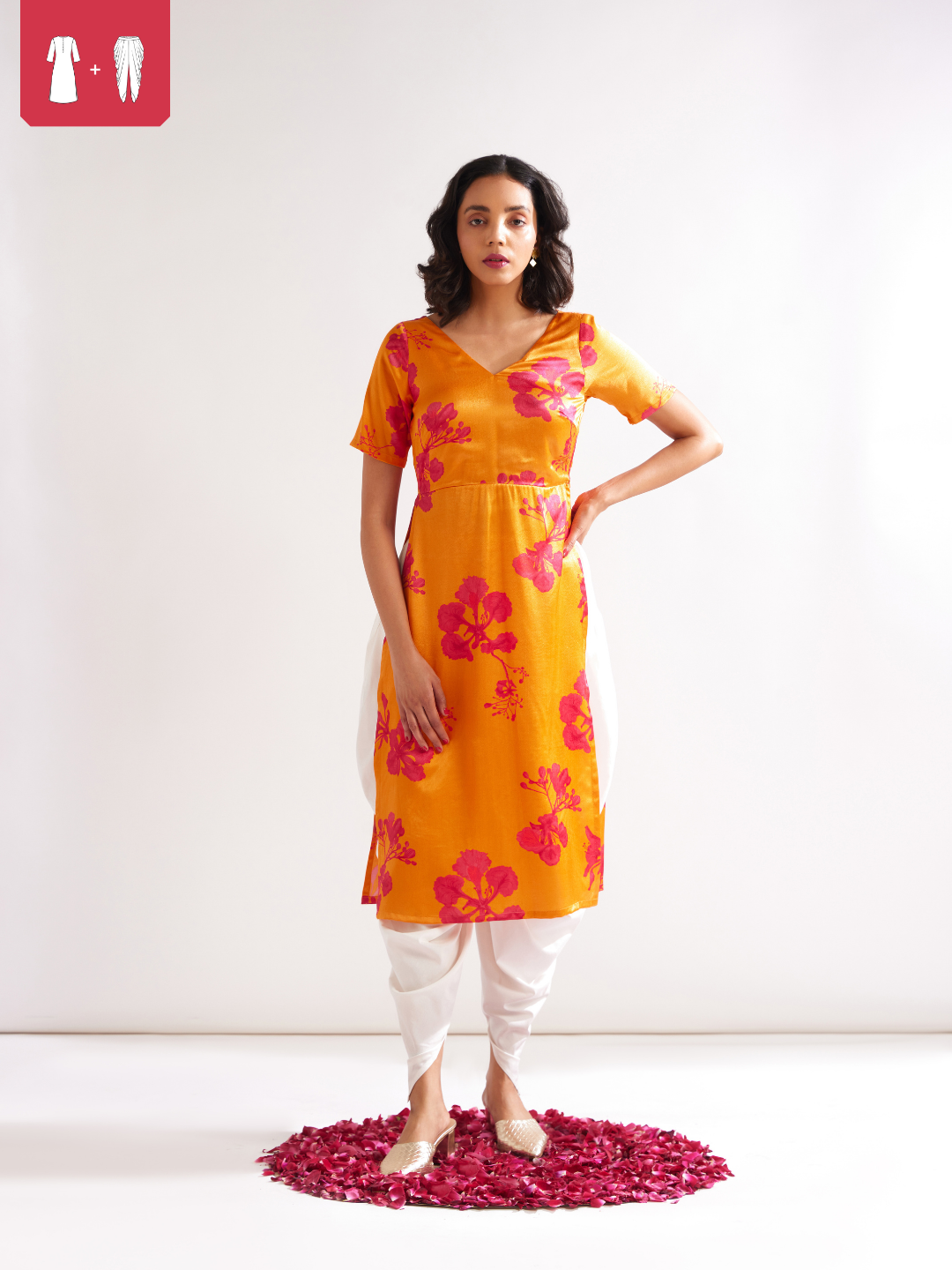 Gulmohar cowl drape straight kurta paired with dhoti pants- Spicy Orange