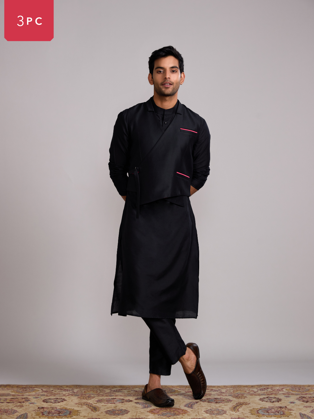 Gulmohar overlapped jacket with mandarin collar straight kurta paired with Straight pants- Rich black
