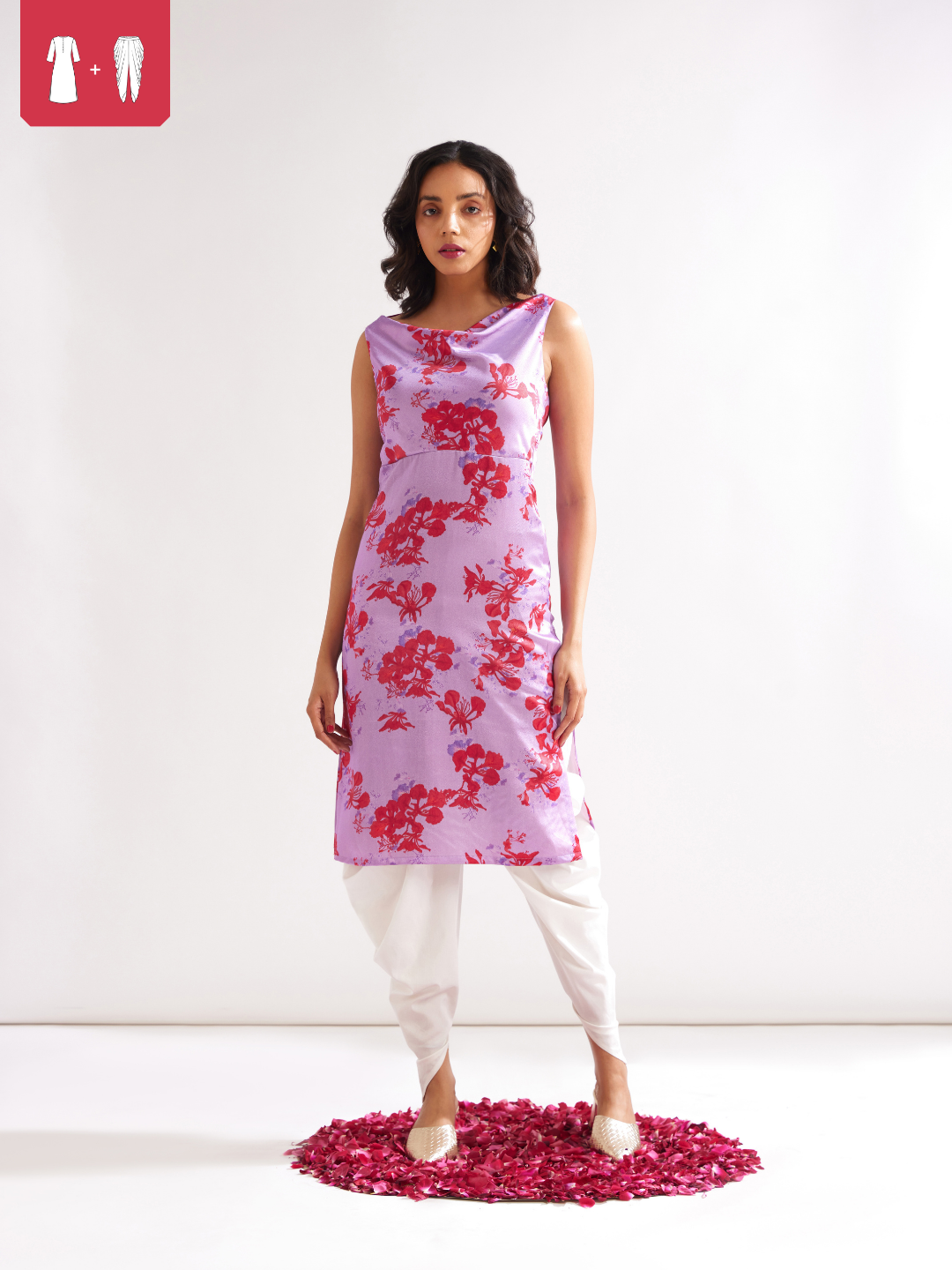 Gulmohar back cross drape Straight kurta paired with dhoti pants- Lavender