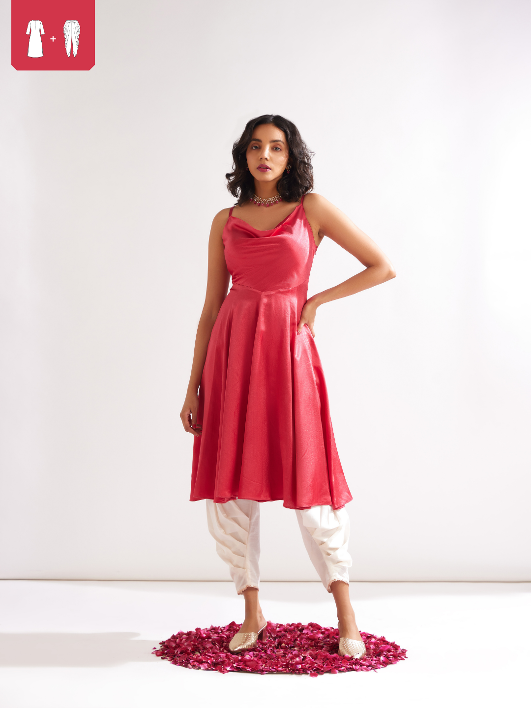 Cowl neck circular panelled kurta with side pleated pants- Raspberry