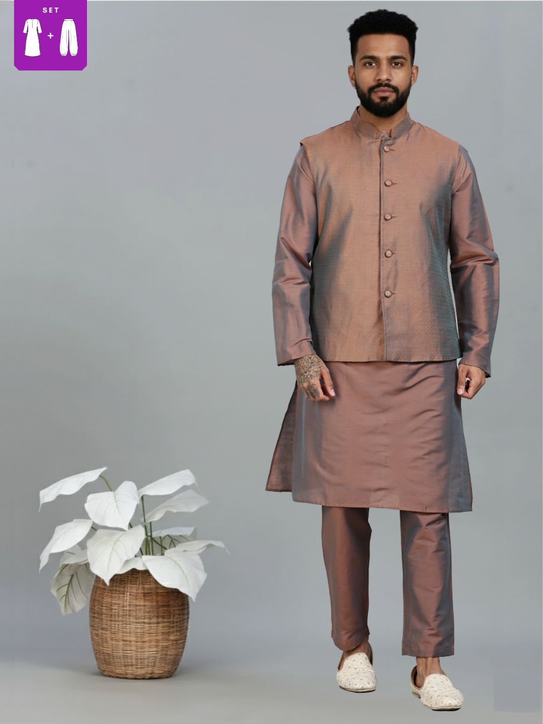 Brown Kurta Pant with orange Woven Design Bandi Set