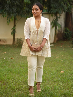 Beige Banarasi Peplum Jacket & Top with straight pants | Relove