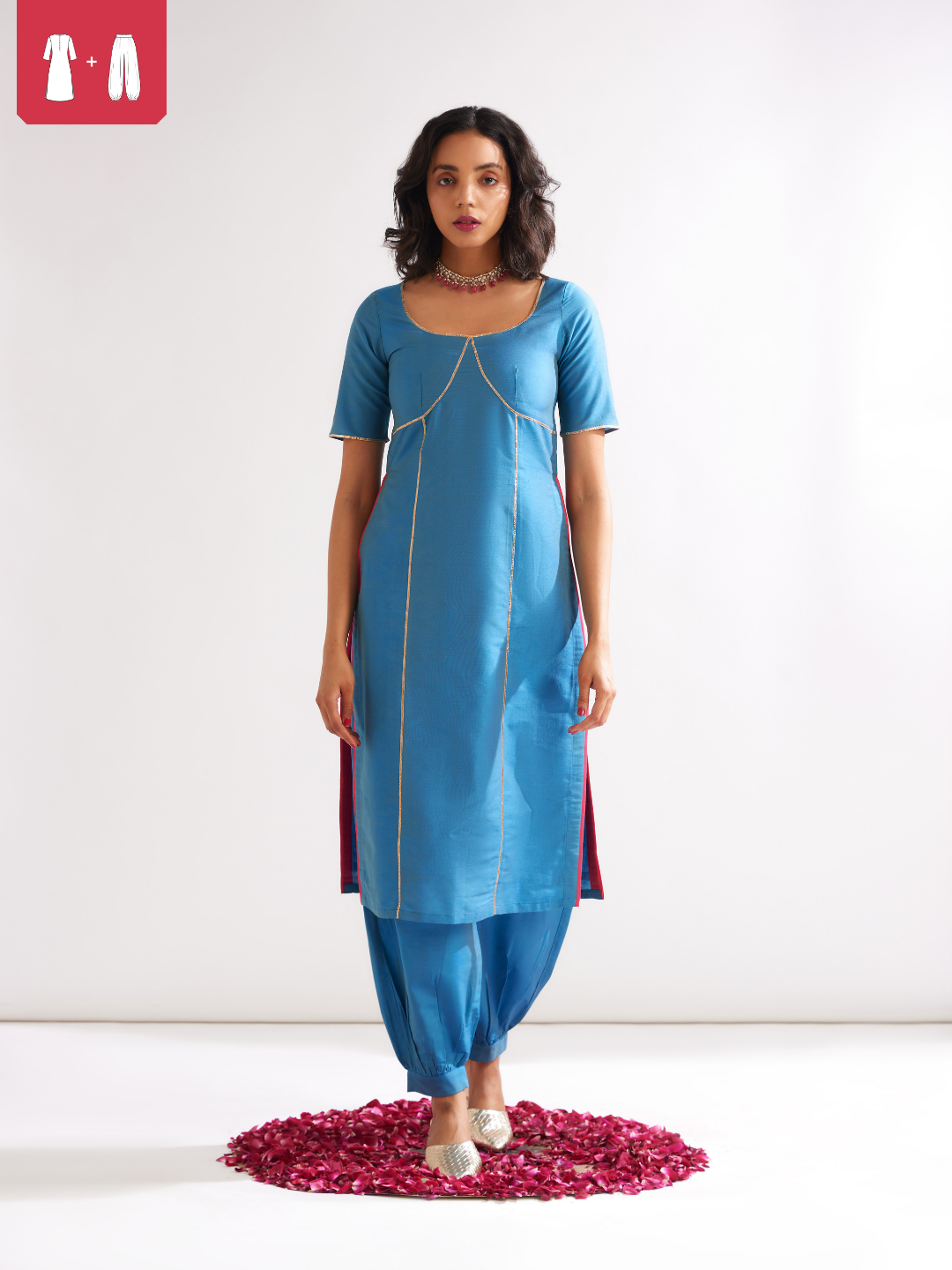 Scoop neckline kurta outlined with gota patti paired with pathani pants- Blue moon