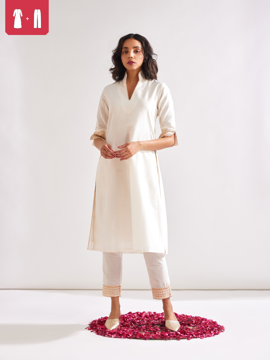 Stand collar straight kurta highlighted with gota patti with pegged pants- Ivory