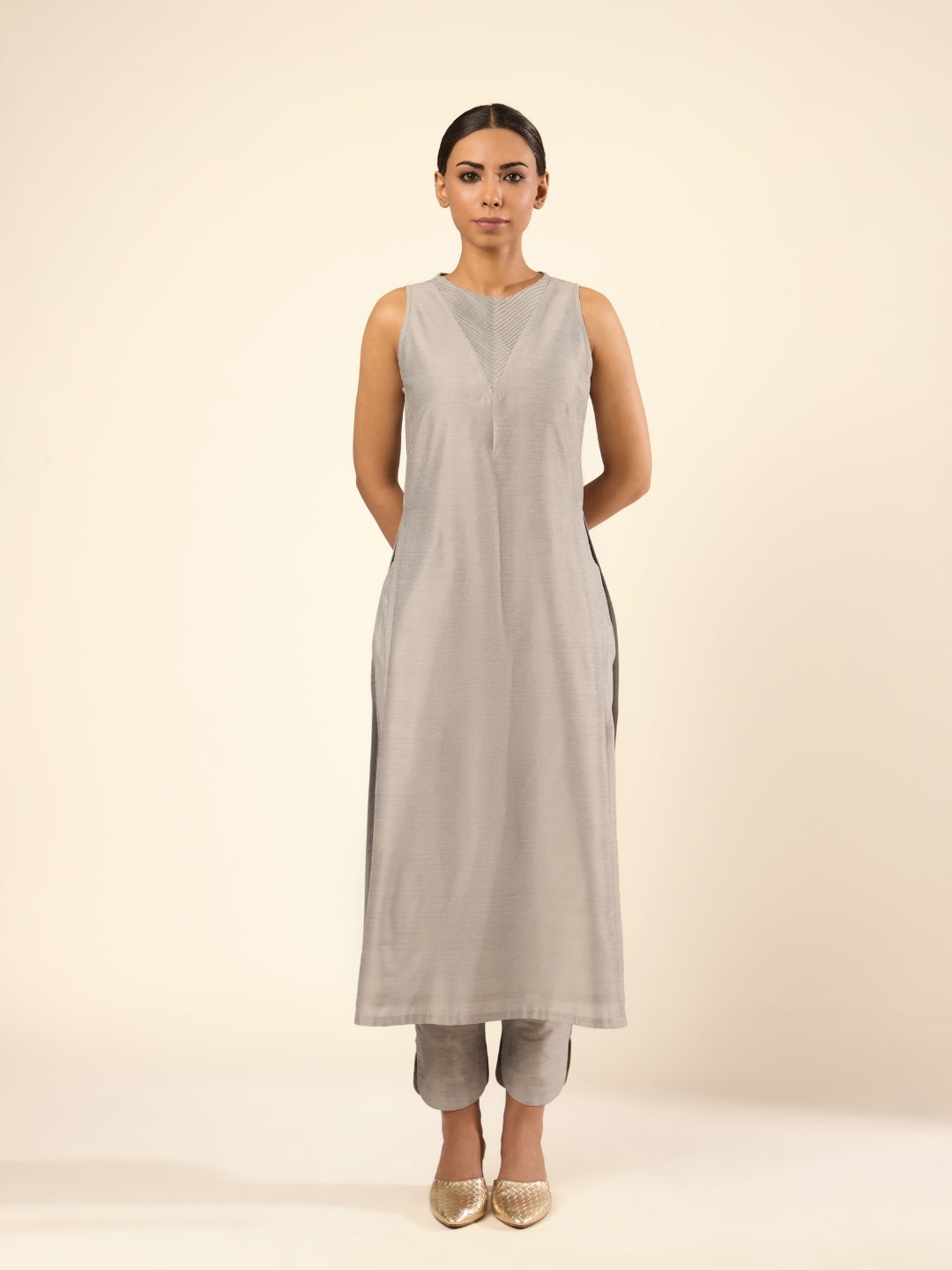 Baranasi Silk Pintuck Kurta- Grey