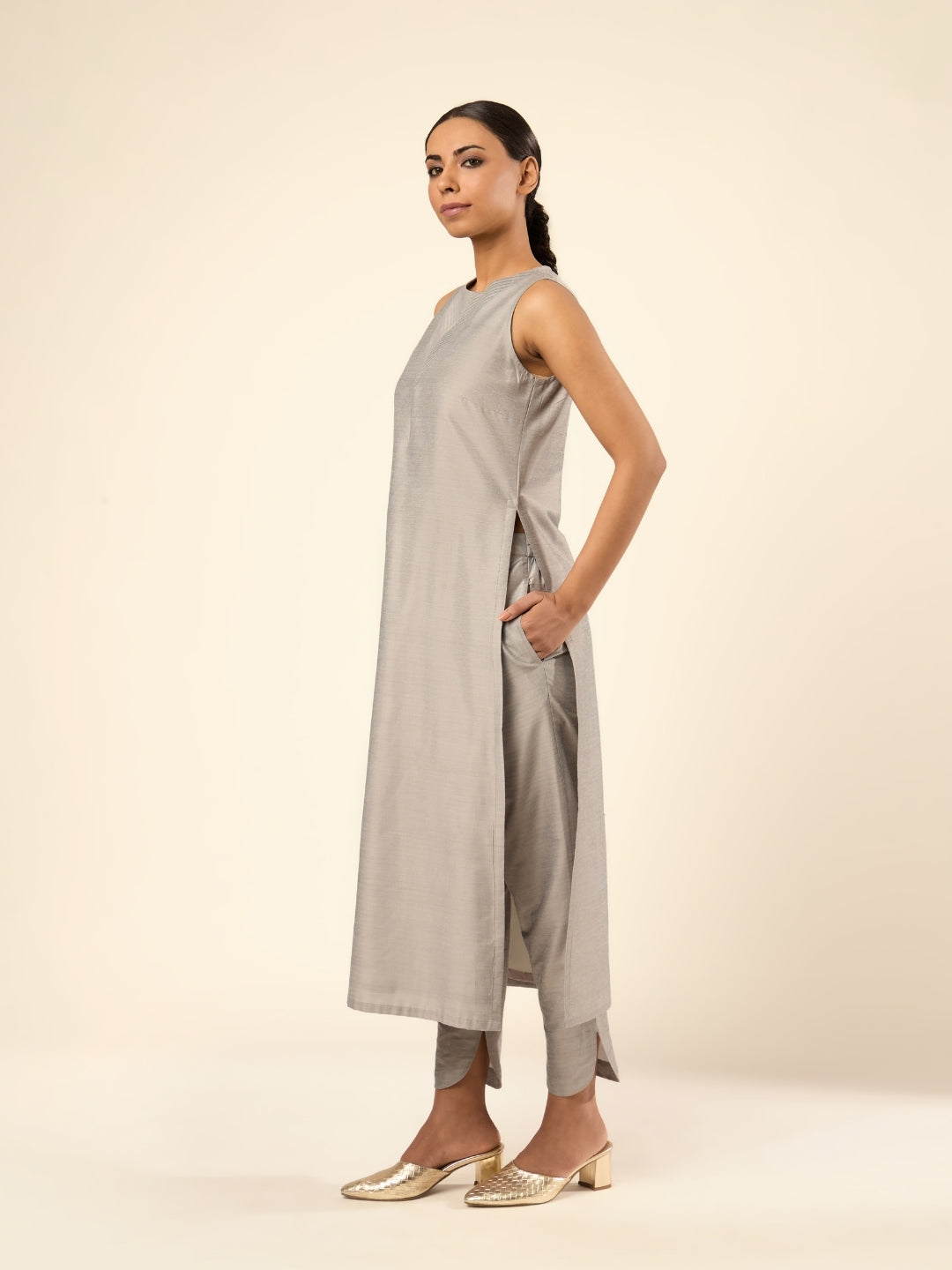 Baranasi Silk Pintuck Kurta- Grey
