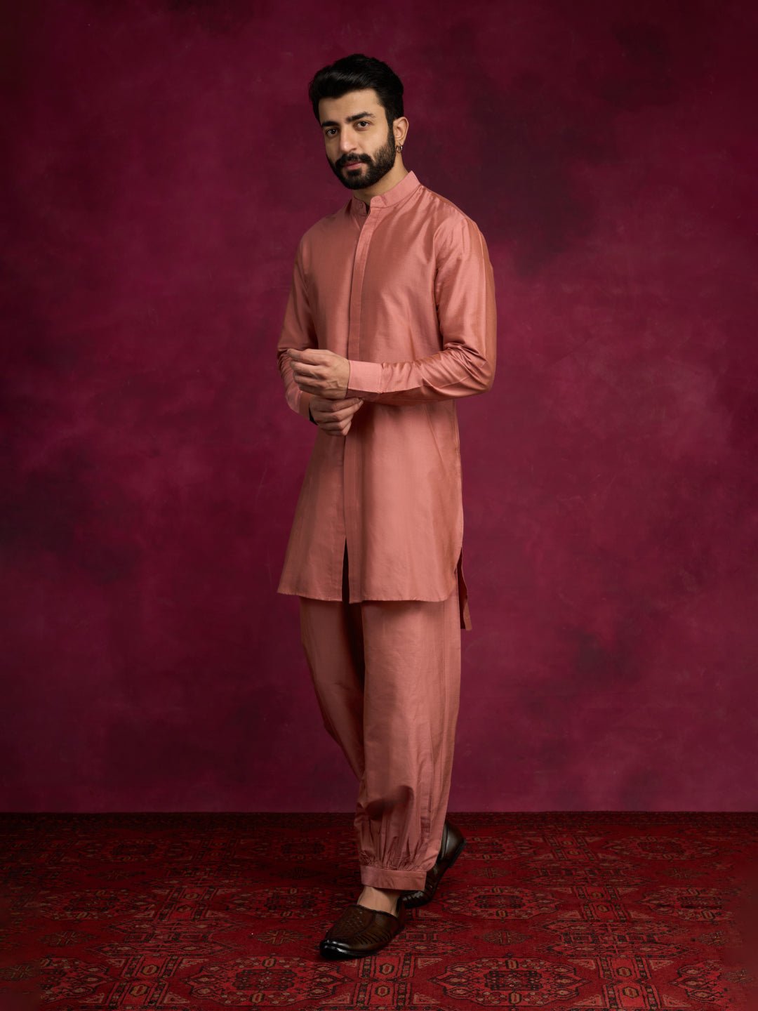 High-low hem kurta paired with pathani pants - Rose brown
