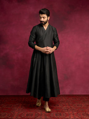 Paneled angrakha kurta Set - Rich black