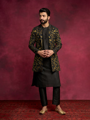 Straight kurta layered with long Zari baswada jacket Set - Rich black