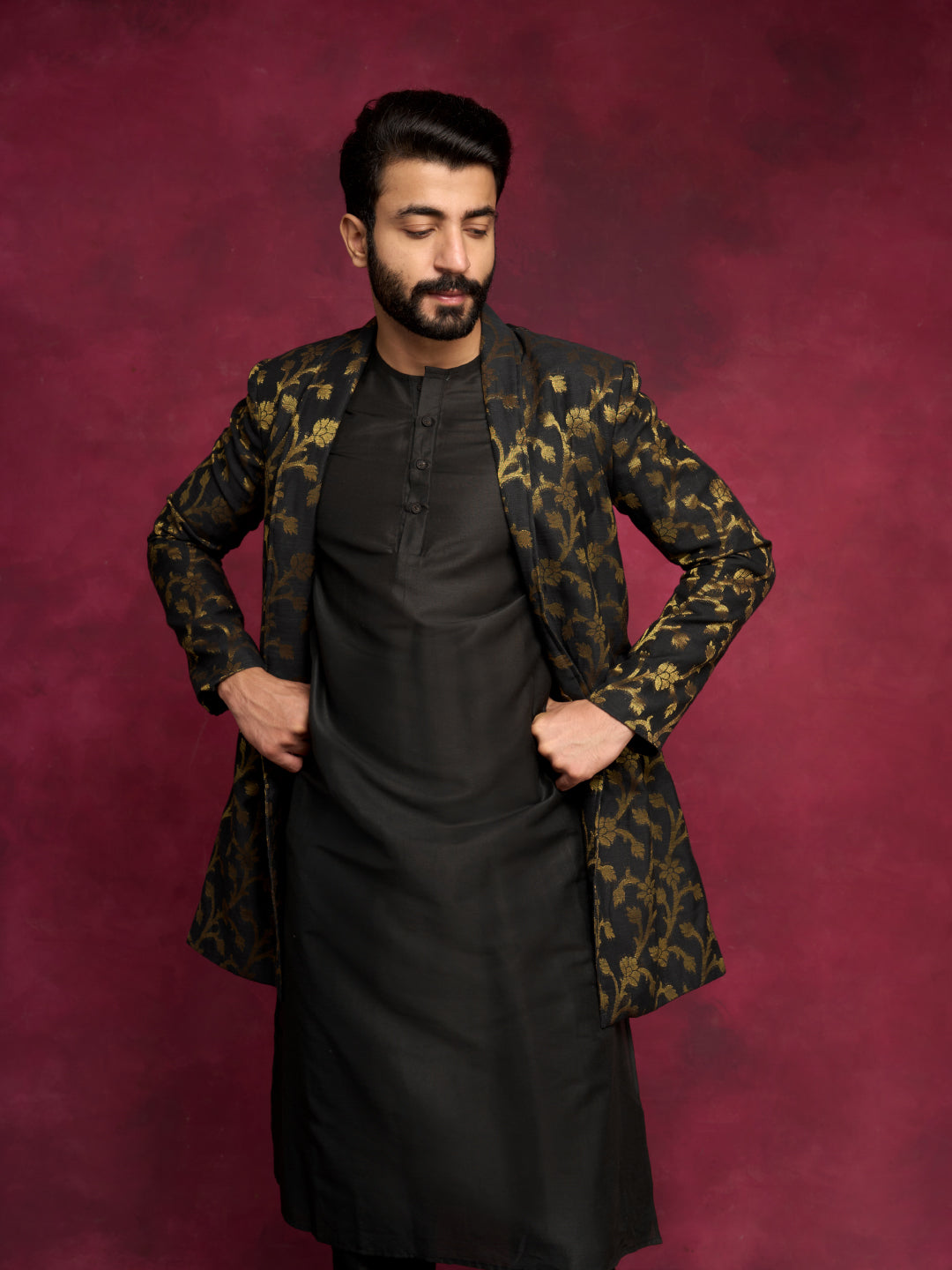 Straight kurta layered with long Zari baswada jacket Set - Rich black