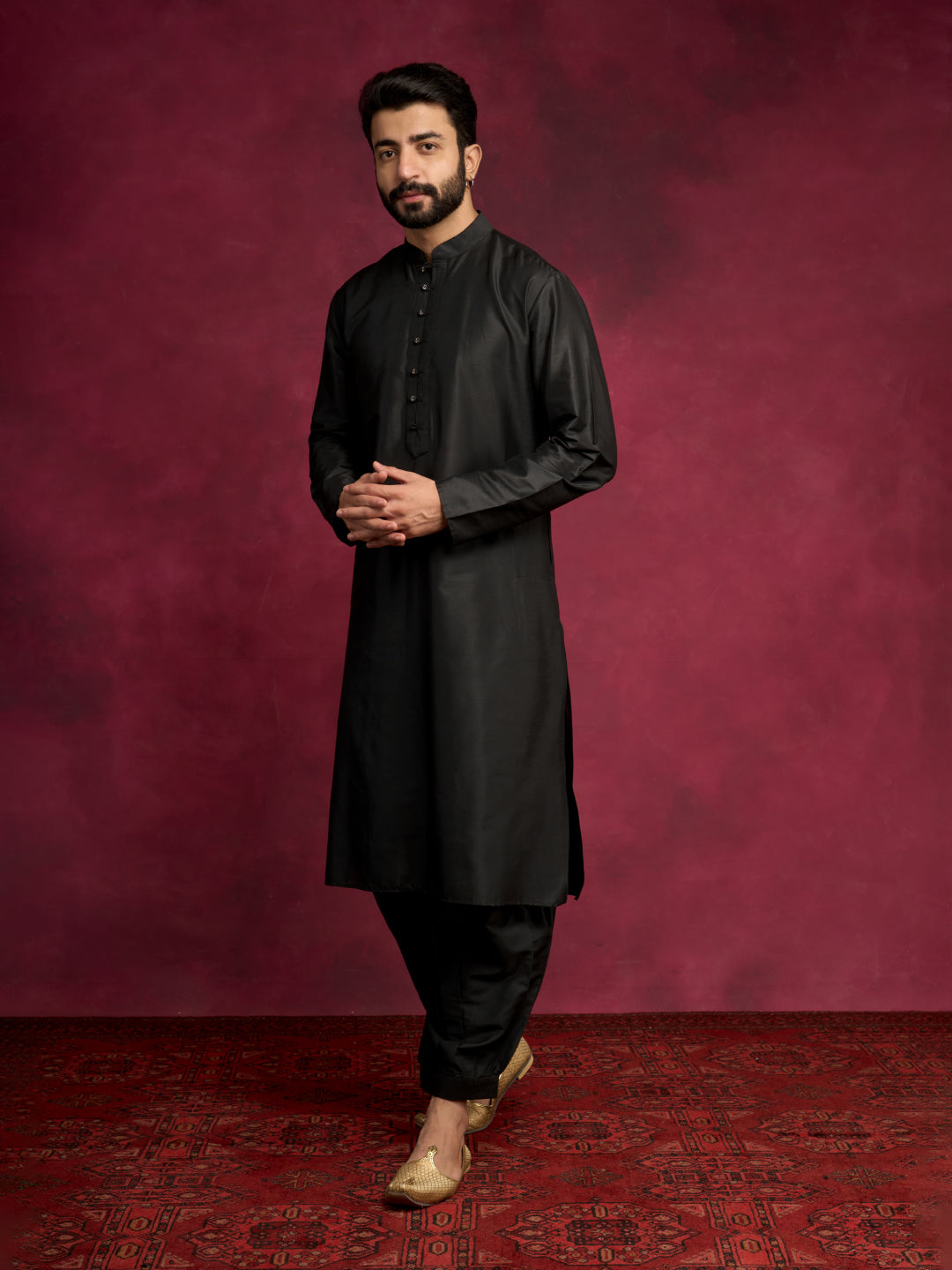 Loop buttons closure kurta Set - Rich Black