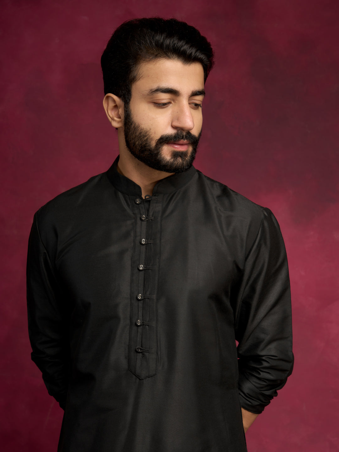 Loop buttons closure kurta Set - Rich Black