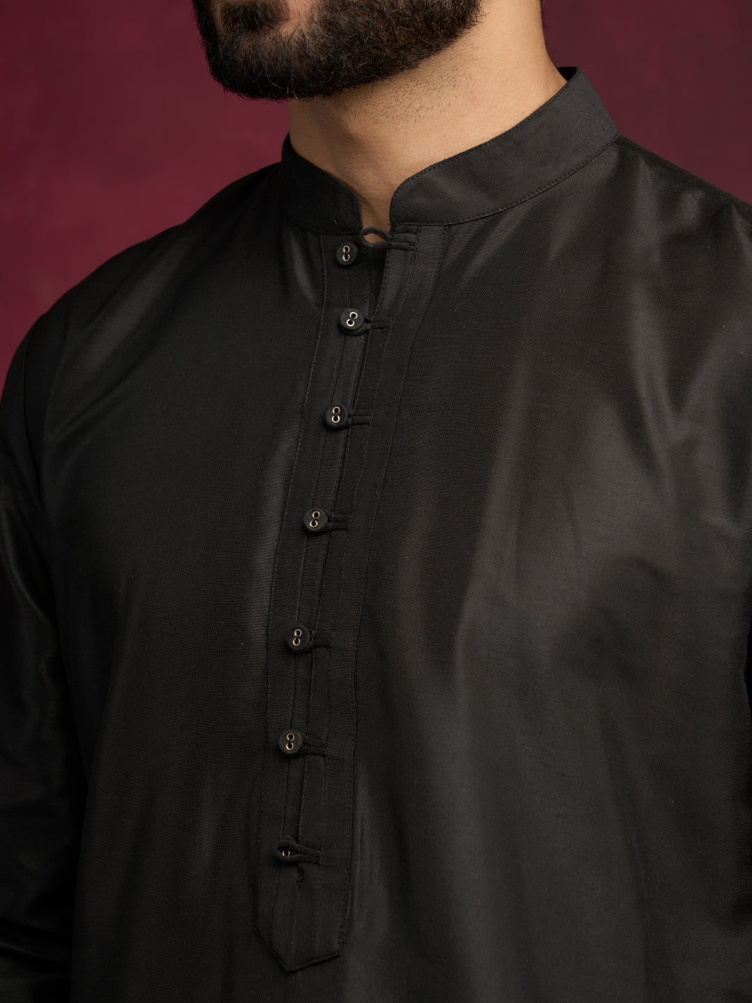 Loop buttons closure kurta Set - Rich Black