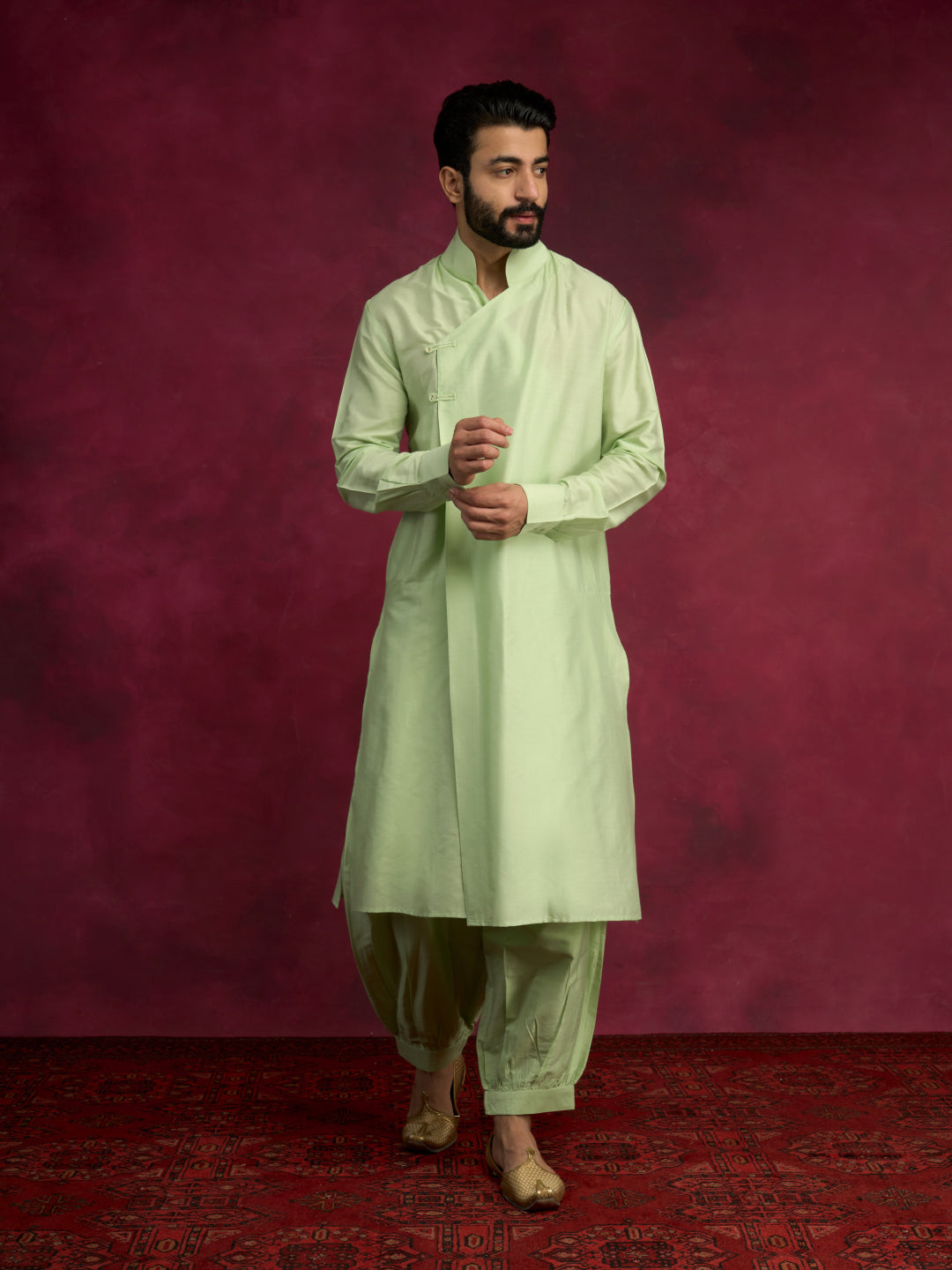 Overlap asymmetrical kurta Set - Pistachio green