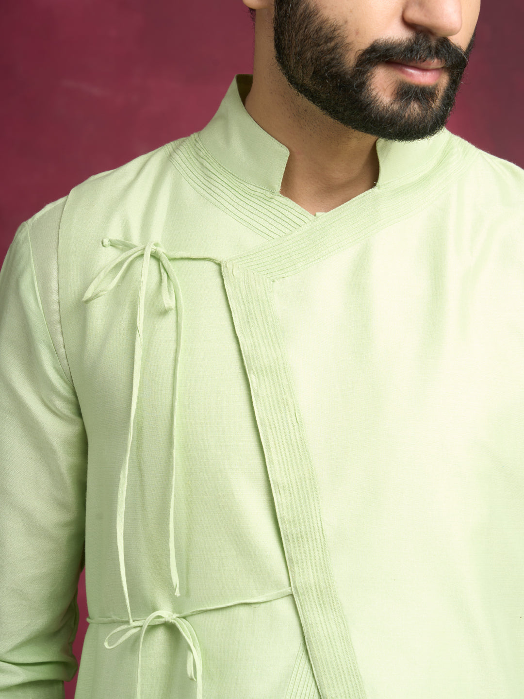 Straight kurta layered with asymmetrical jacket Set- Pistachio green