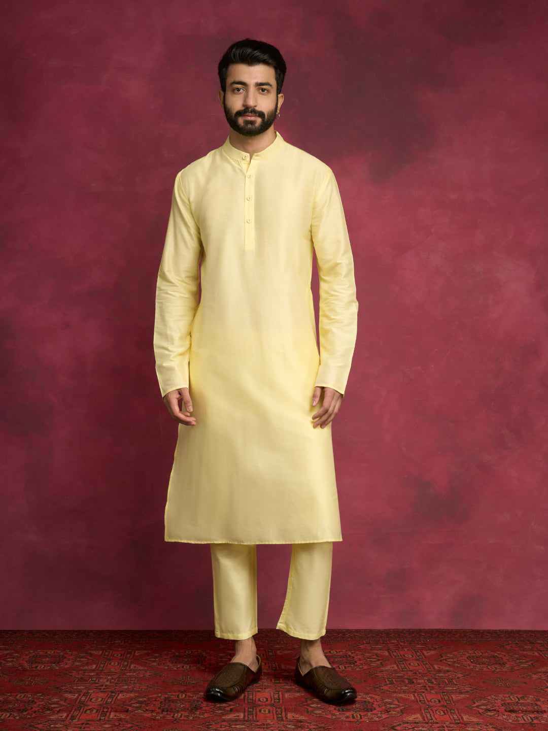 Mandarin collar Straight kurta Set - Lemon Yellow