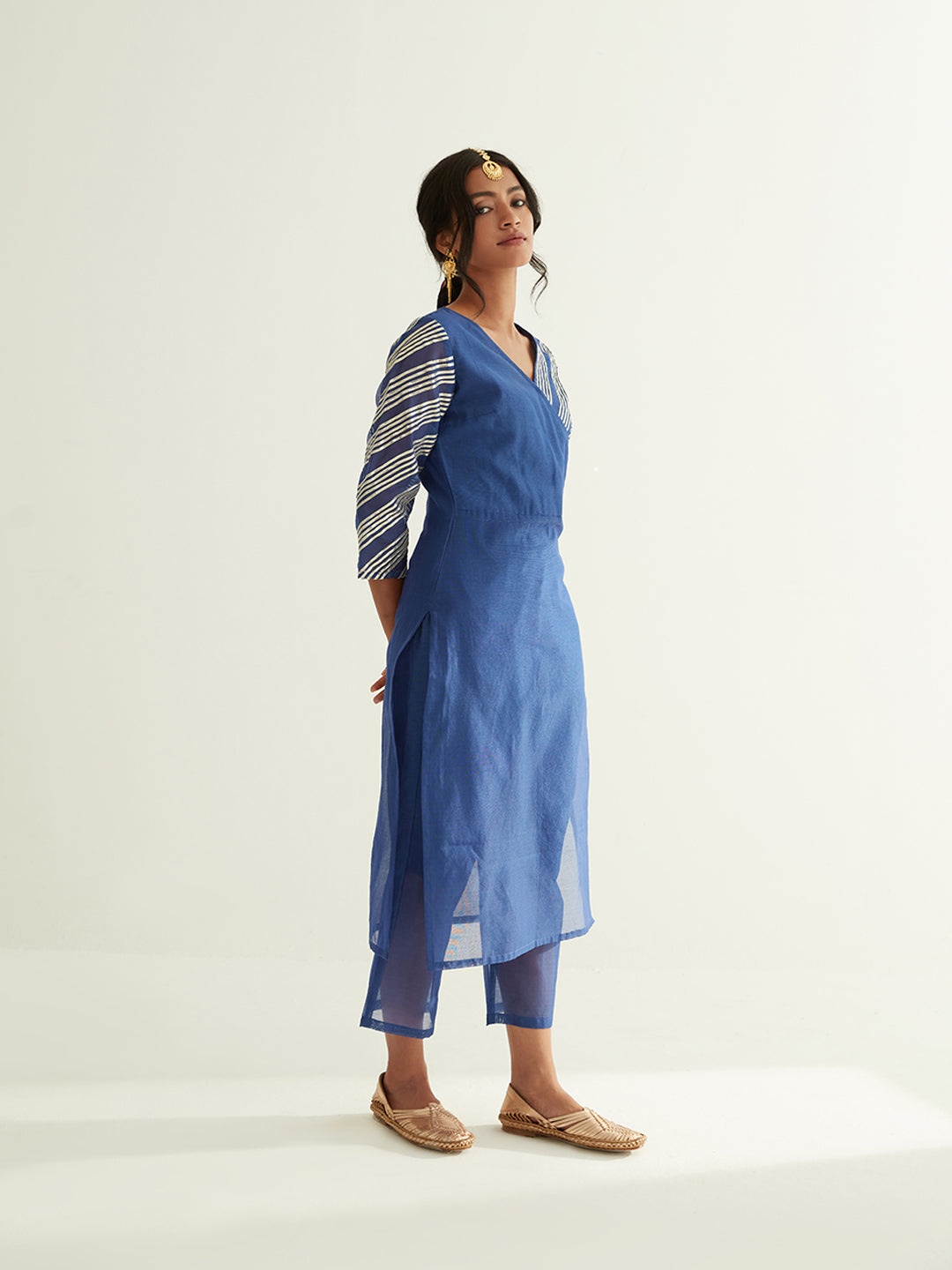 Blue Overlapped neckline chanderi kurta highlighted with Gota Patti