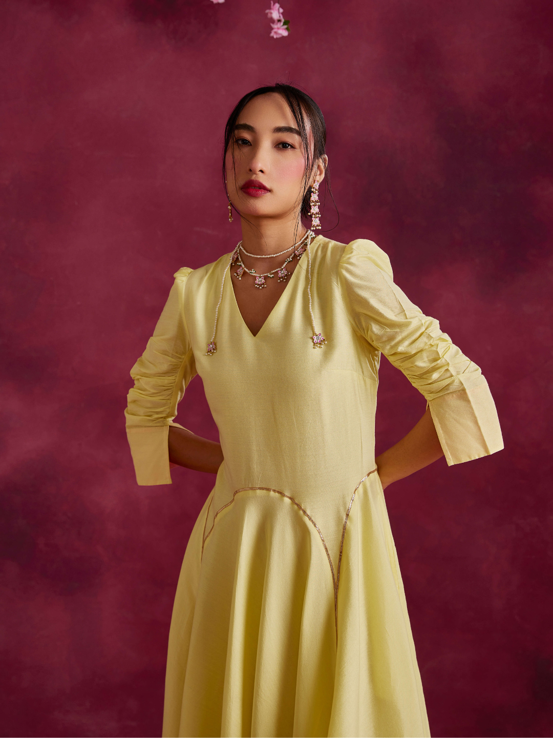 Circular Panelled Dress Highlighted With Gota Patti- Lemon yellow