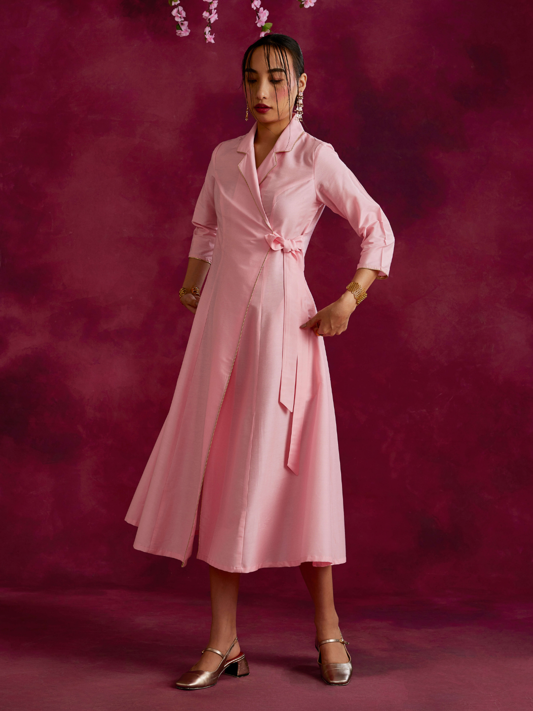 Lapel collared wrap dress- Sakura pink