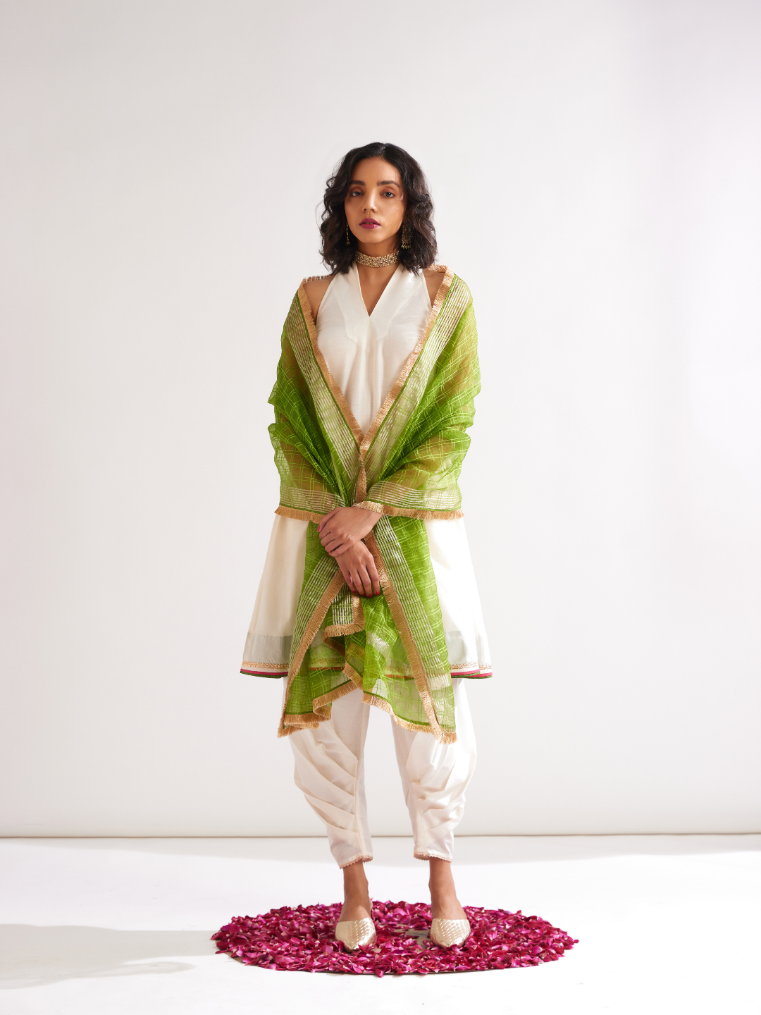 Back overlap halter neck kurta- Ivory