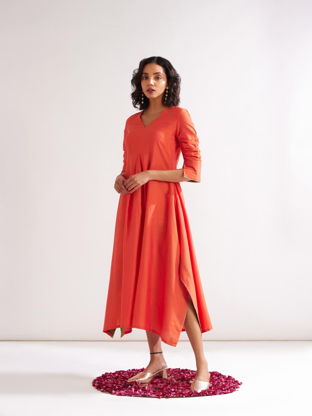Inverted box pleat flare Dress- Spicy Orange