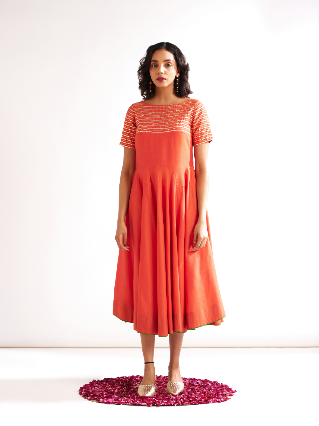 Circular panelled dress highlighted with Gota patti yoke- Spicy Orange