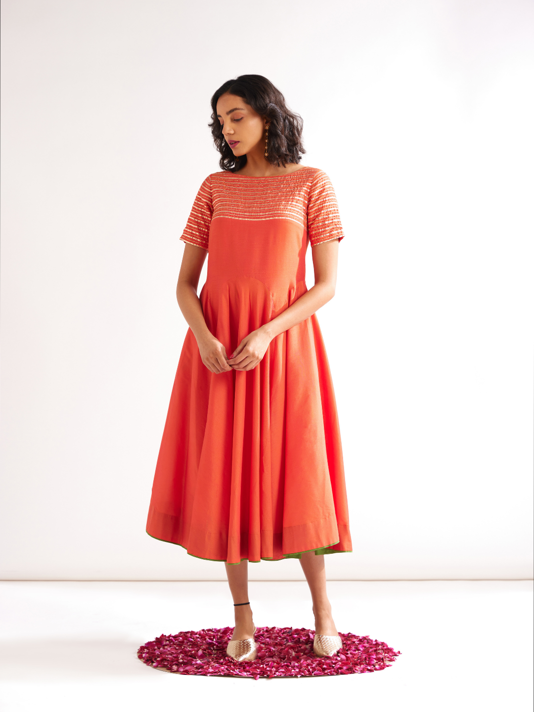 Circular panelled dress highlighted with Gota patti yoke- Spicy Orange