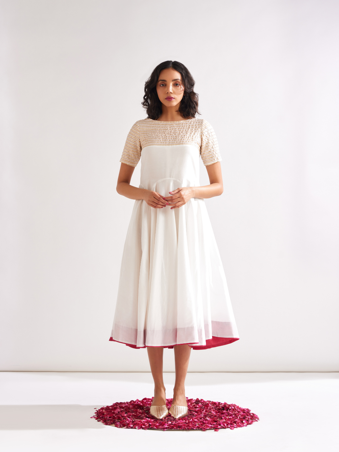 Circular panelled dress highlighted with Gota patti yoke- Ivory