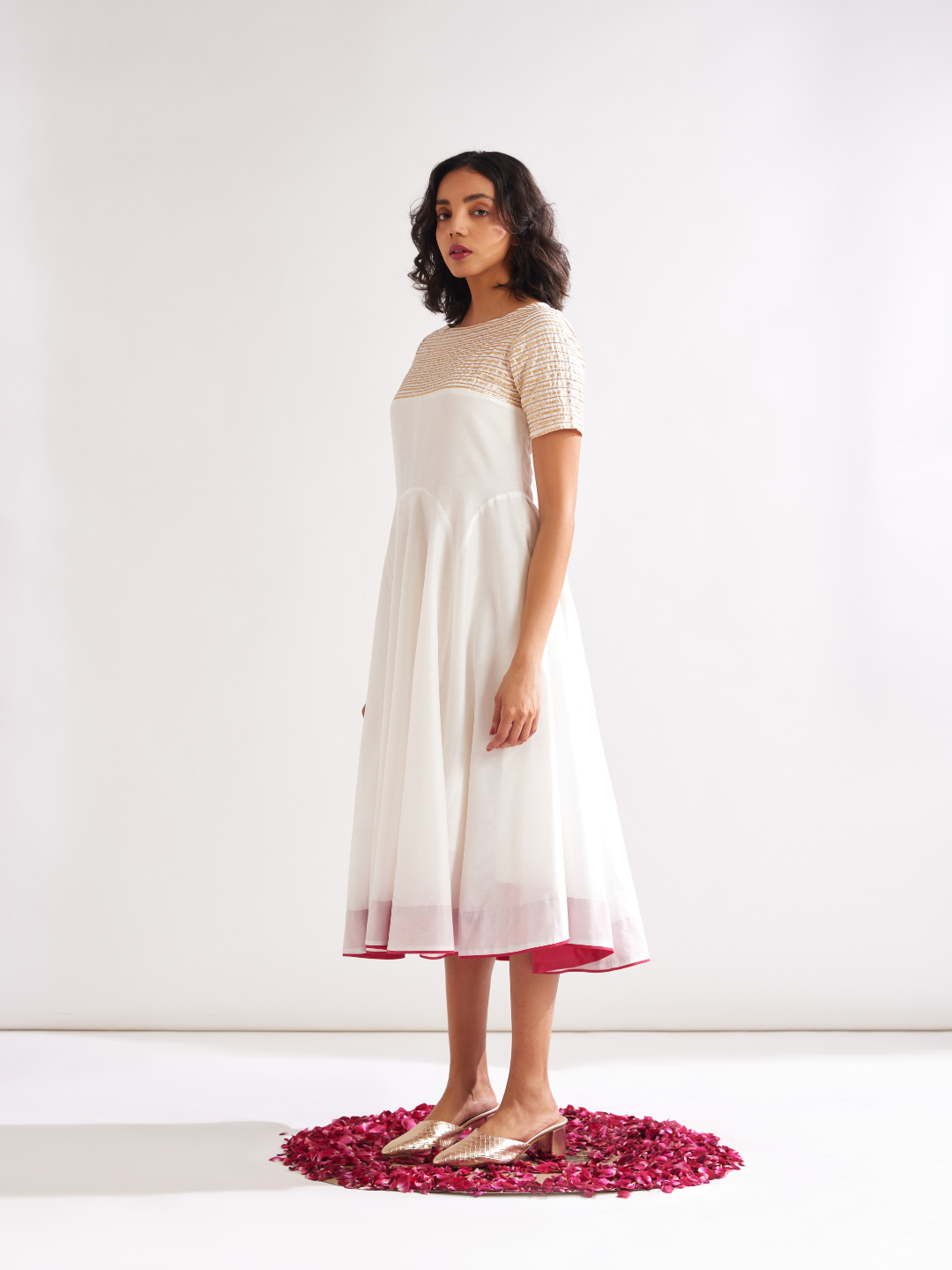 Circular panelled dress highlighted with Gota patti yoke- Ivory