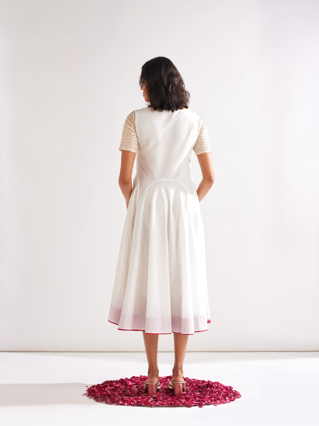 Circular panelled dress highlighted with Gota patti yoke- Ivory